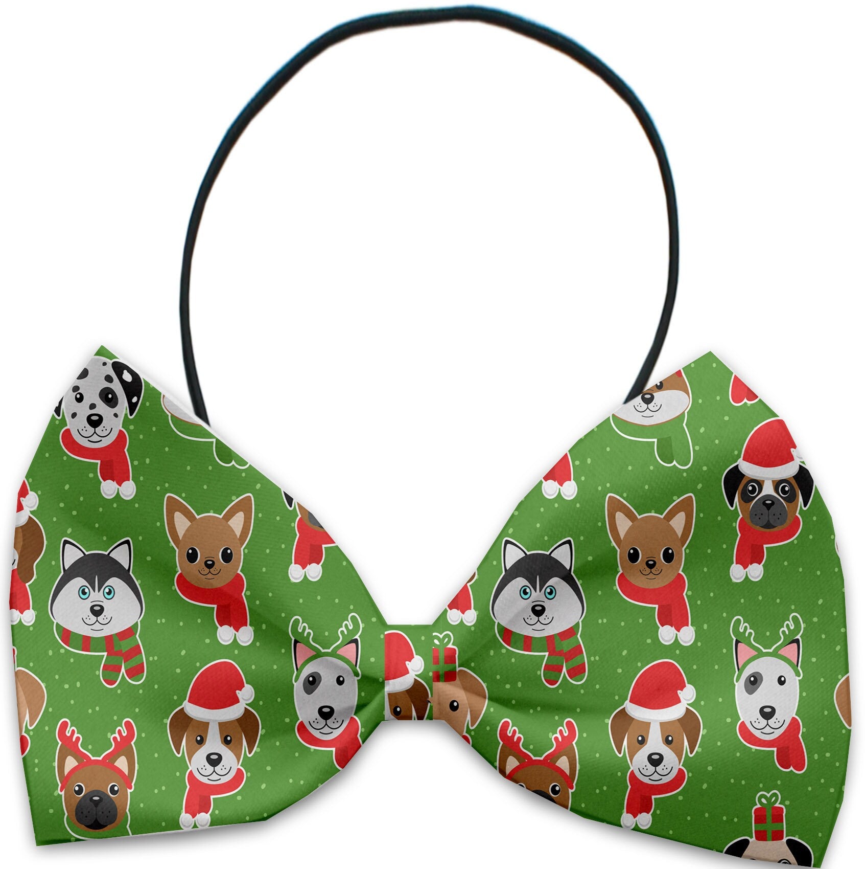 A collection of festive Christmas bow ties for dogs and cats, featuring various colorful patterns and made from silky polyester.