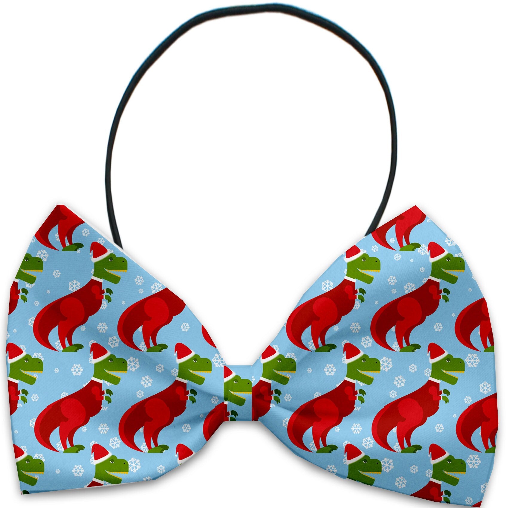 A collection of festive Christmas bow ties for dogs and cats, featuring various colorful patterns and made from silky polyester.