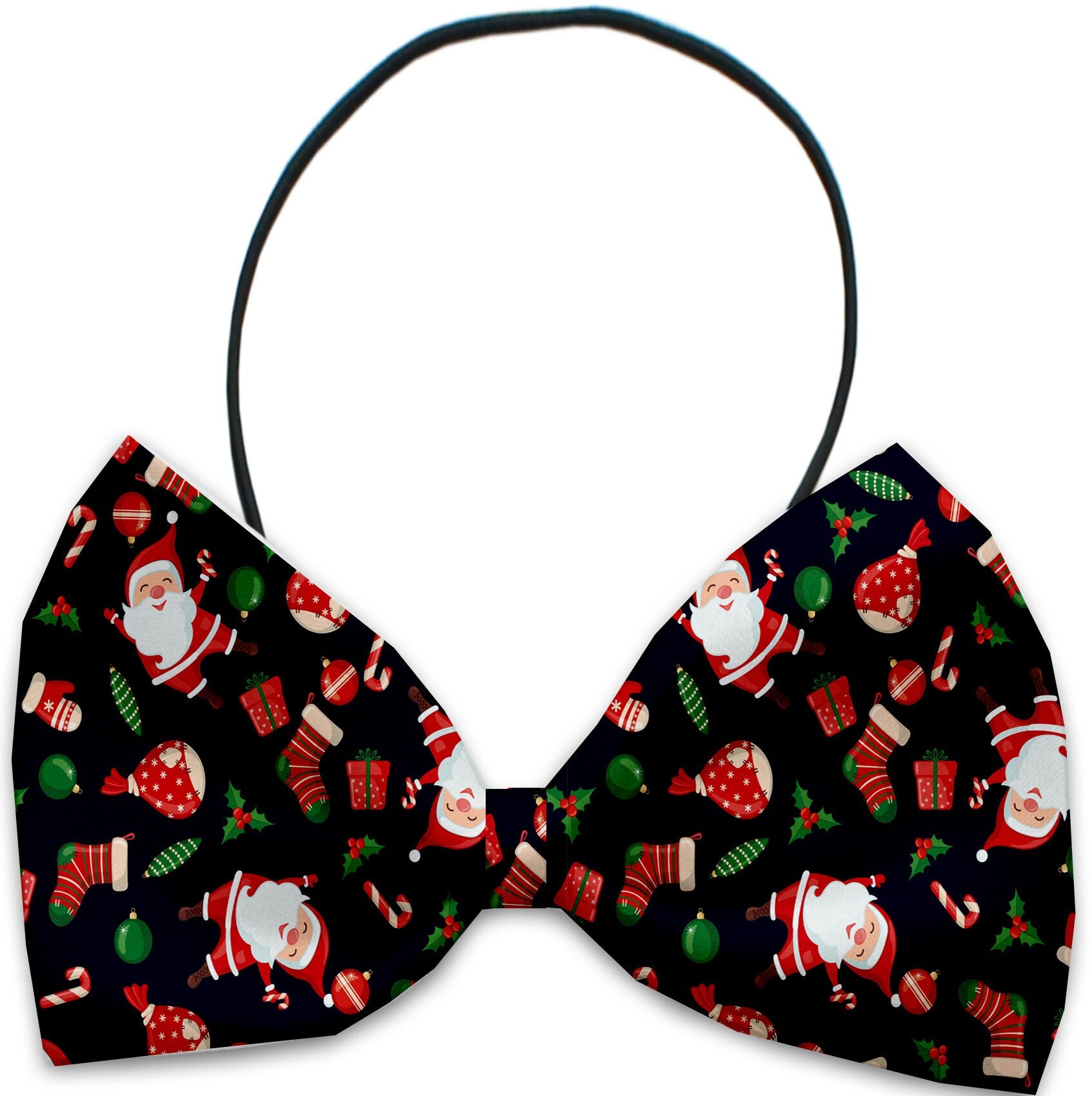 A collection of festive Christmas bow ties for dogs and cats, featuring various colorful patterns and made from silky polyester.