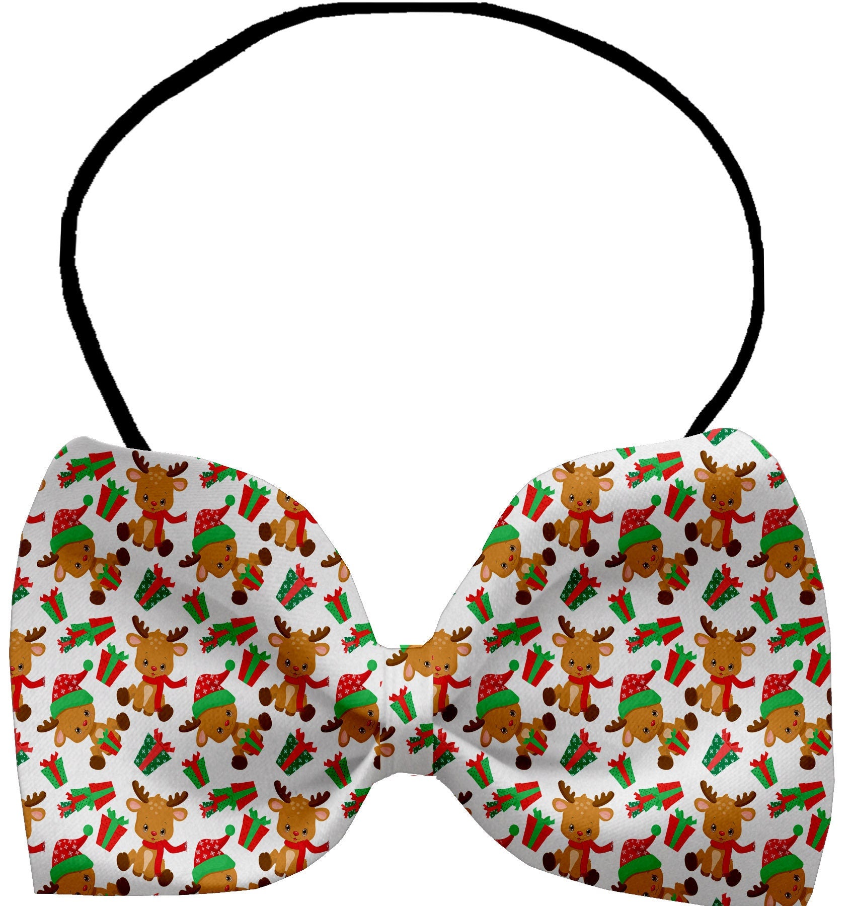 A collection of festive Christmas bow ties for dogs and cats, featuring various colorful patterns and made from silky polyester.