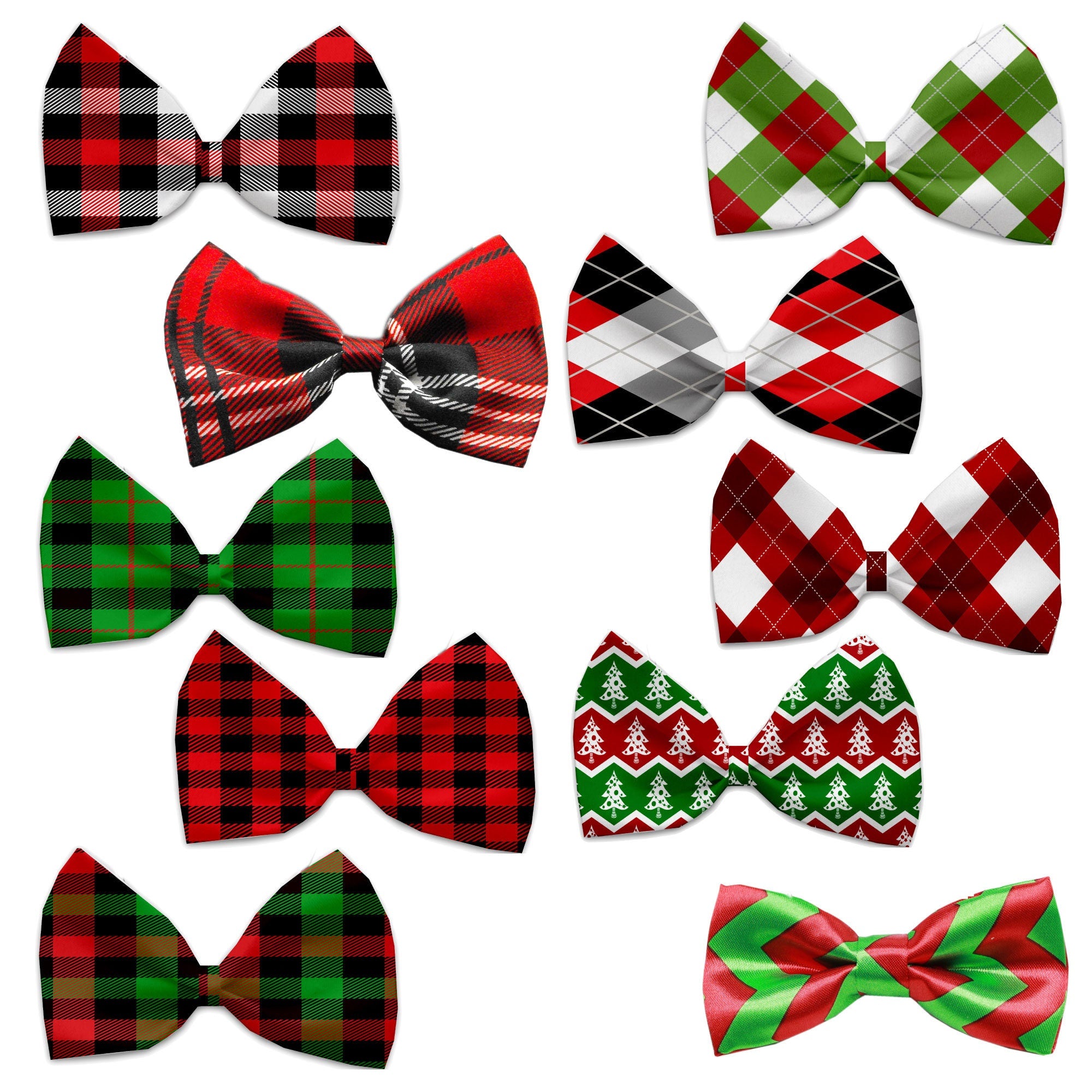 A collection of Christmas bow ties for pets, featuring festive patterns like plaids, argyles, and chevrons, designed for dogs and cats.