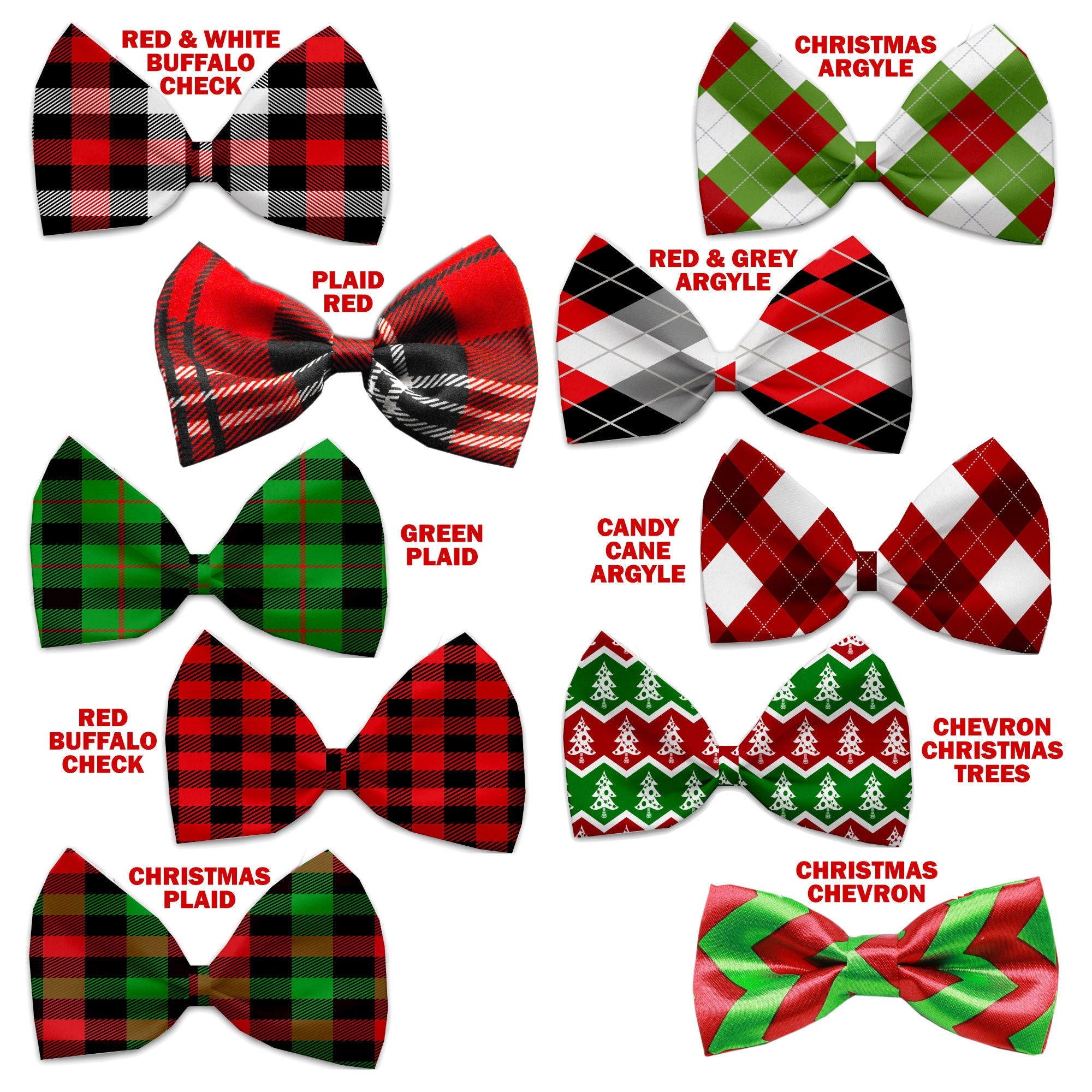 A collection of Christmas bow ties for pets, featuring festive patterns like plaids, argyles, and chevrons, designed for dogs and cats.