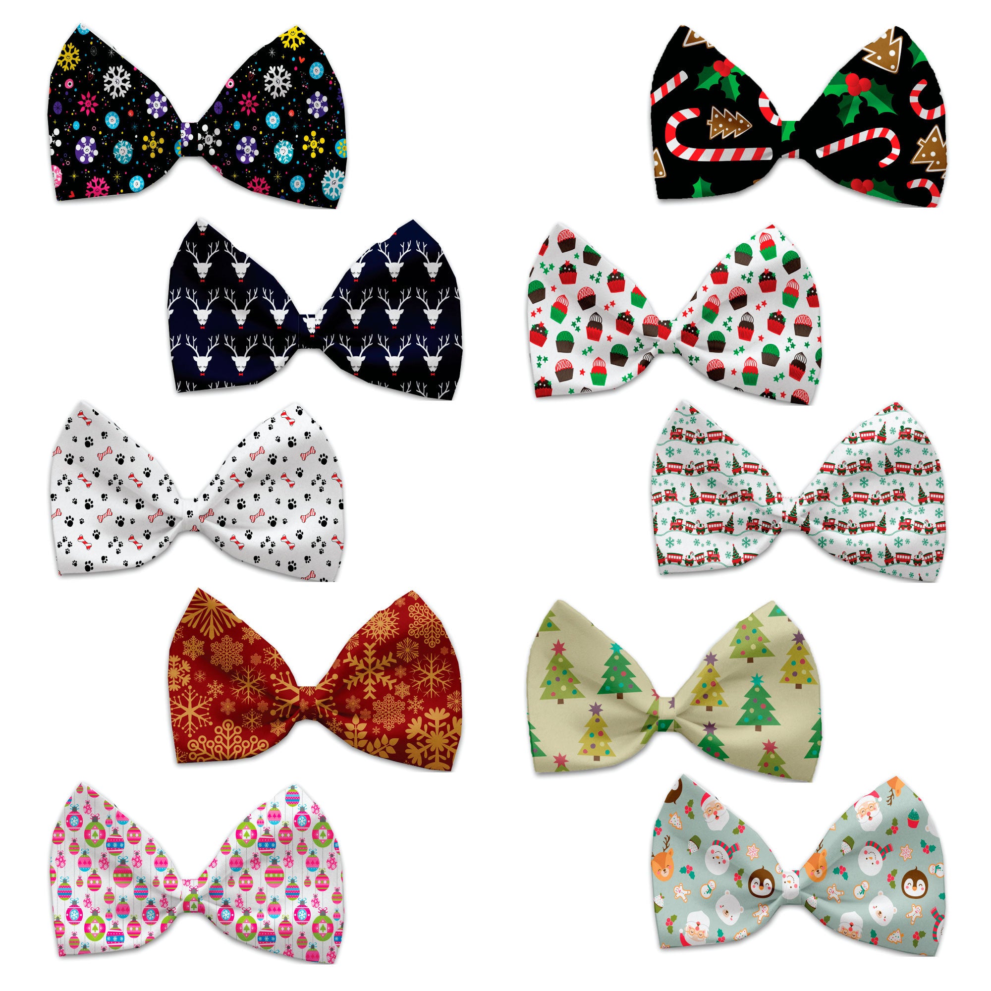 A collection of Christmas pet bow ties featuring various snowflake patterns, designed for dogs and cats, showcasing festive colors and elegant design.