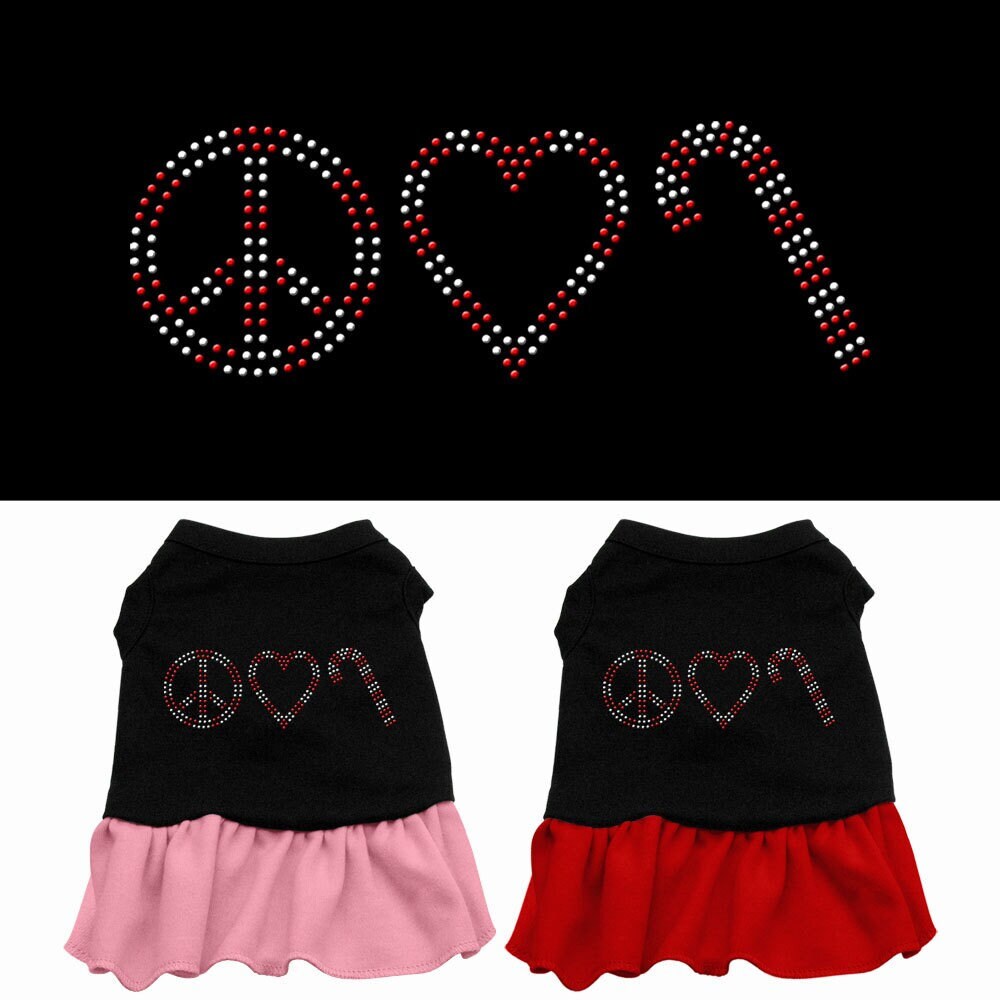 A festive Christmas dress for dogs and cats featuring rhinestones and the slogan 'Peace, Love & Candy Canes', designed for comfort and style.