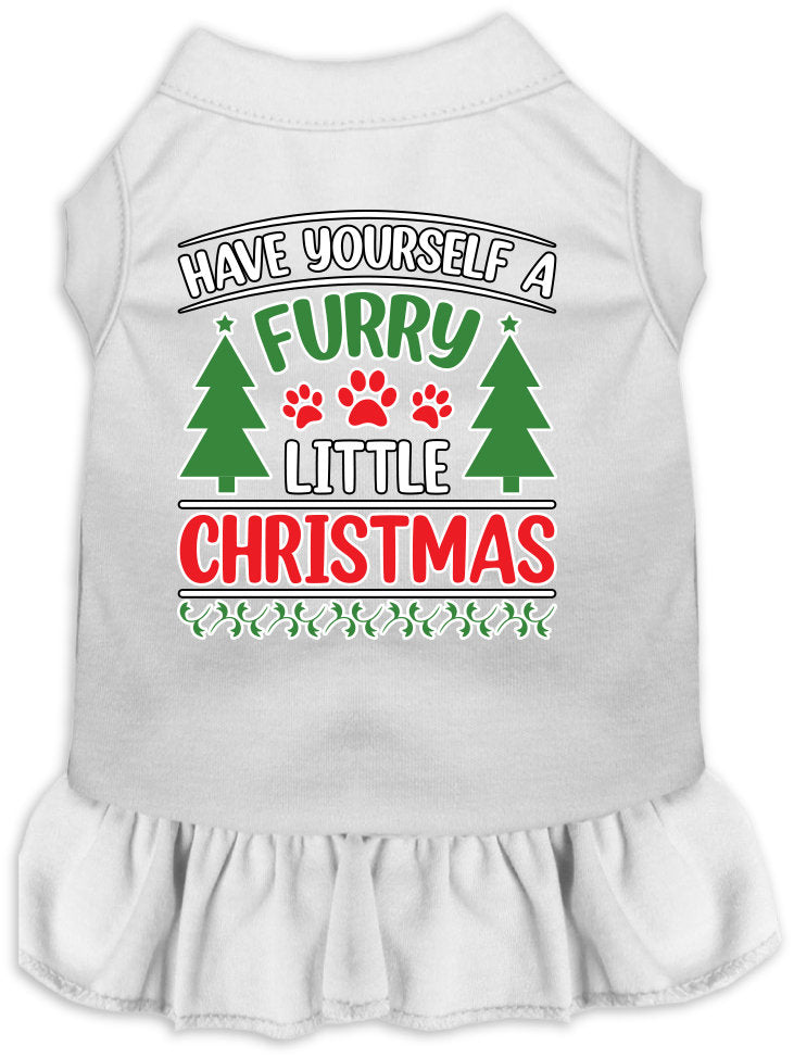 A festive Christmas dress for pets featuring the phrase 'Have Yourself A Furry Little Christmas', designed for dogs and cats with a ruffled bottom.