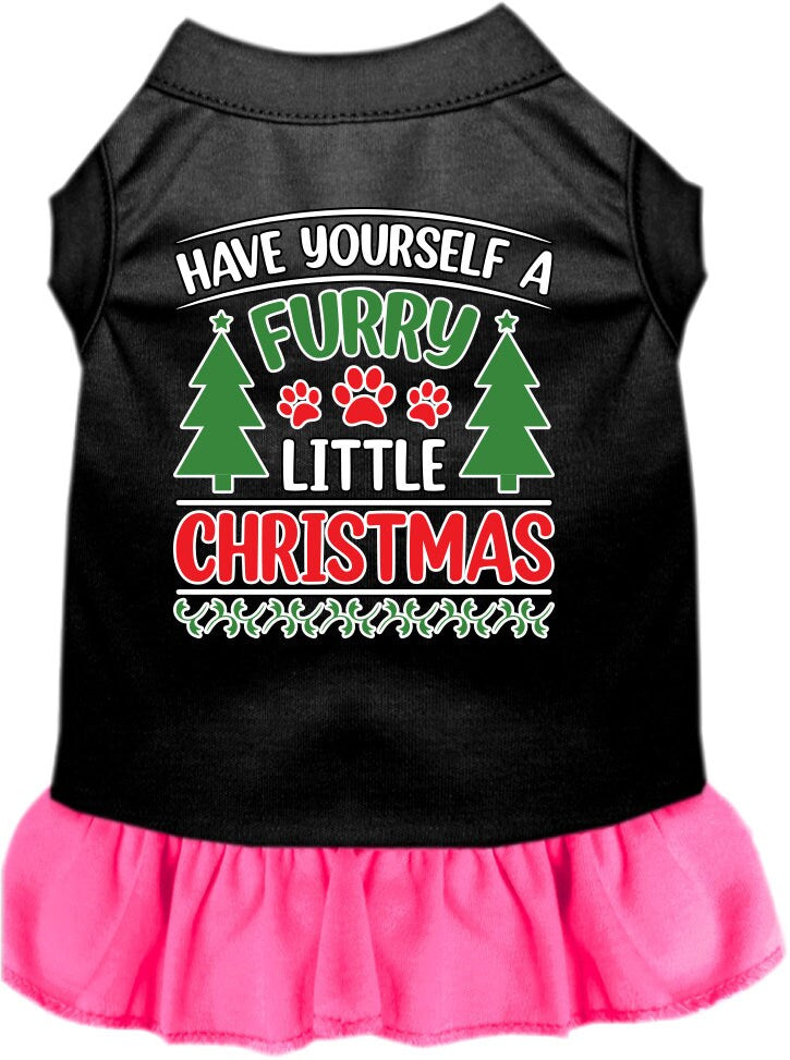 A festive Christmas dress for pets featuring the phrase 'Have Yourself A Furry Little Christmas', designed for dogs and cats with a ruffled bottom.