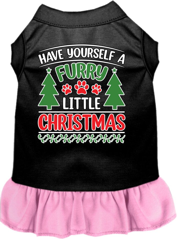 A festive Christmas dress for pets featuring the phrase 'Have Yourself A Furry Little Christmas', designed for dogs and cats with a ruffled bottom.