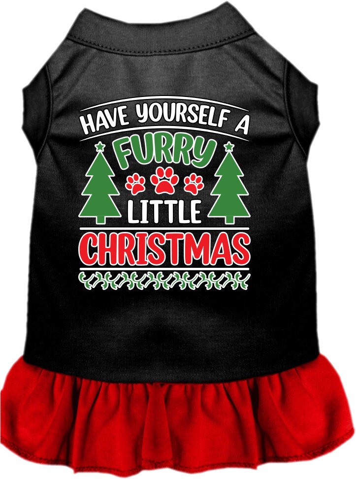 A festive Christmas dress for pets featuring the phrase 'Have Yourself A Furry Little Christmas', designed for dogs and cats with a ruffled bottom.