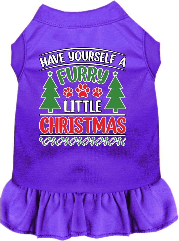A festive Christmas dress for pets featuring the phrase 'Have Yourself A Furry Little Christmas', designed for dogs and cats with a ruffled bottom.