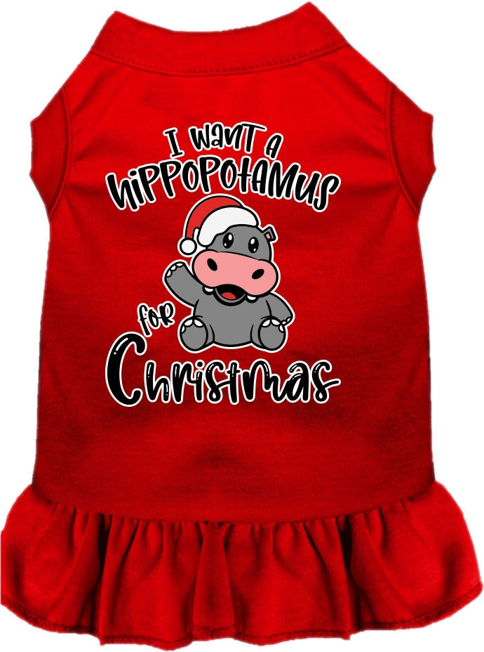 Christmas-themed dress for dogs and cats featuring 'I Want A Hippopotamus For Christmas' with ruffles and a comfy fit.