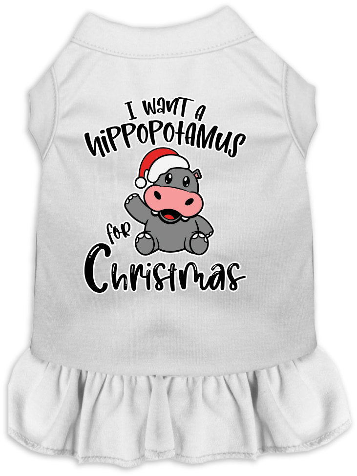 Christmas-themed dress for dogs and cats featuring 'I Want A Hippopotamus For Christmas' with ruffles and a comfy fit.