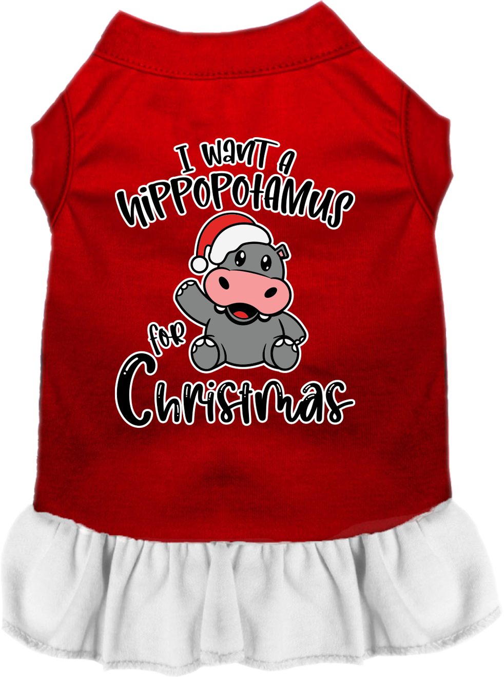 Christmas-themed dress for dogs and cats featuring 'I Want A Hippopotamus For Christmas' with ruffles and a comfy fit.