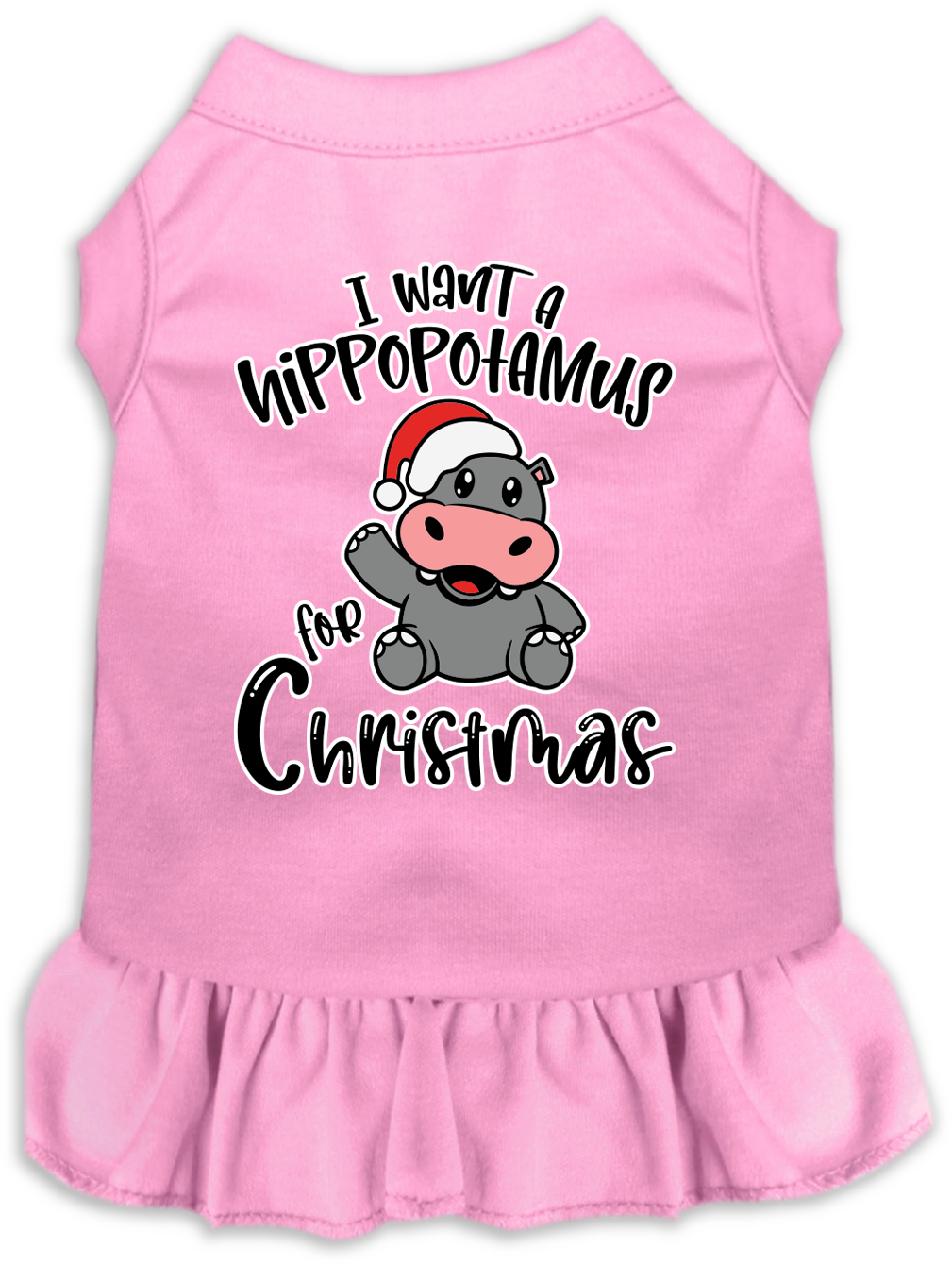 Christmas-themed dress for dogs and cats featuring 'I Want A Hippopotamus For Christmas' with ruffles and a comfy fit.