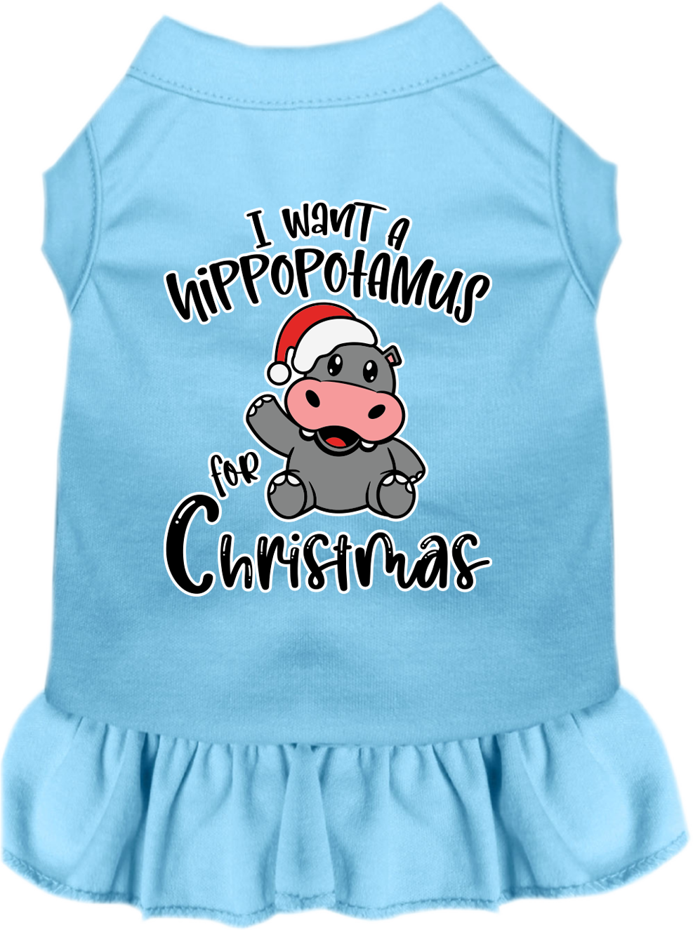 Christmas-themed dress for dogs and cats featuring 'I Want A Hippopotamus For Christmas' with ruffles and a comfy fit.