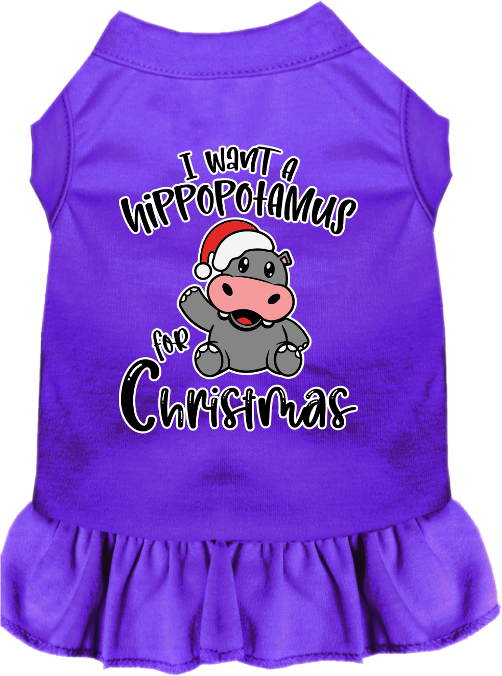 Christmas-themed dress for dogs and cats featuring 'I Want A Hippopotamus For Christmas' with ruffles and a comfy fit.