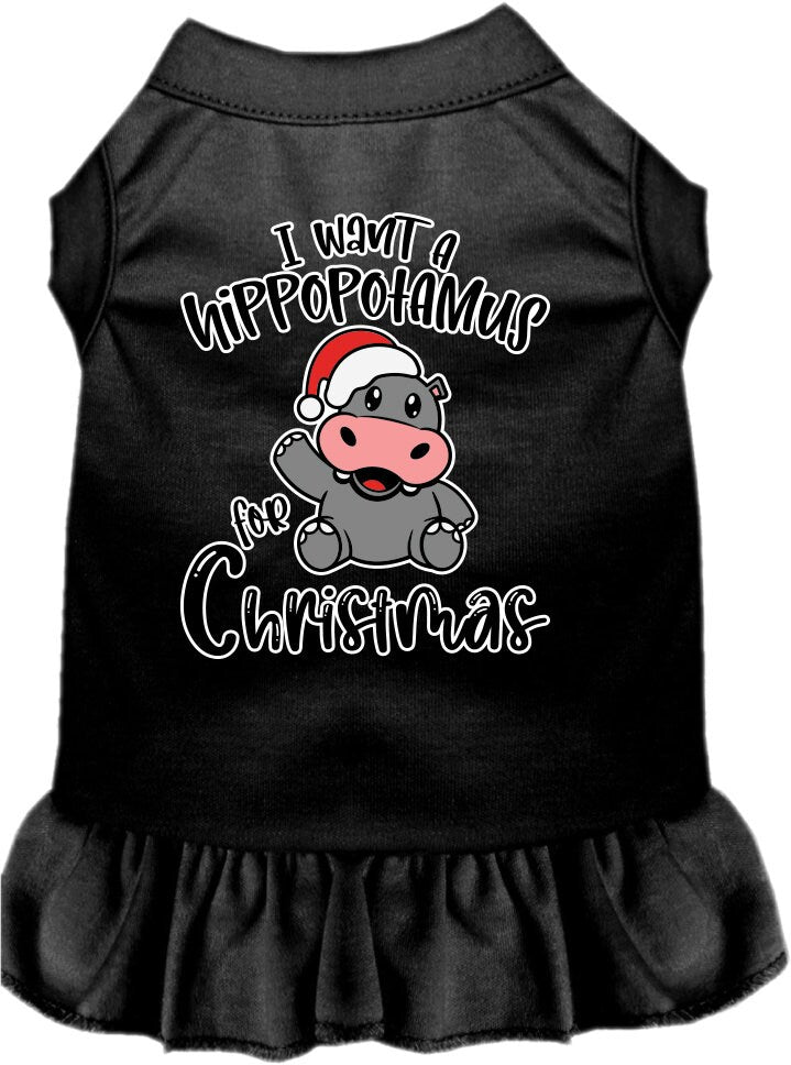 Christmas-themed dress for dogs and cats featuring 'I Want A Hippopotamus For Christmas' with ruffles and a comfy fit.