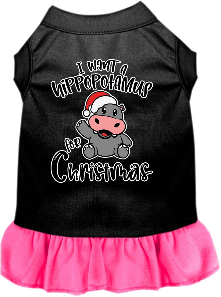 Christmas-themed dress for dogs and cats featuring 'I Want A Hippopotamus For Christmas' with ruffles and a comfy fit.