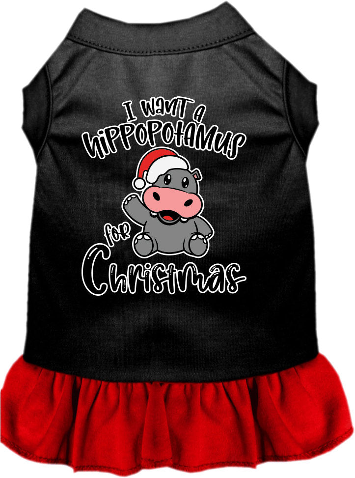 Christmas-themed dress for dogs and cats featuring 'I Want A Hippopotamus For Christmas' with ruffles and a comfy fit.