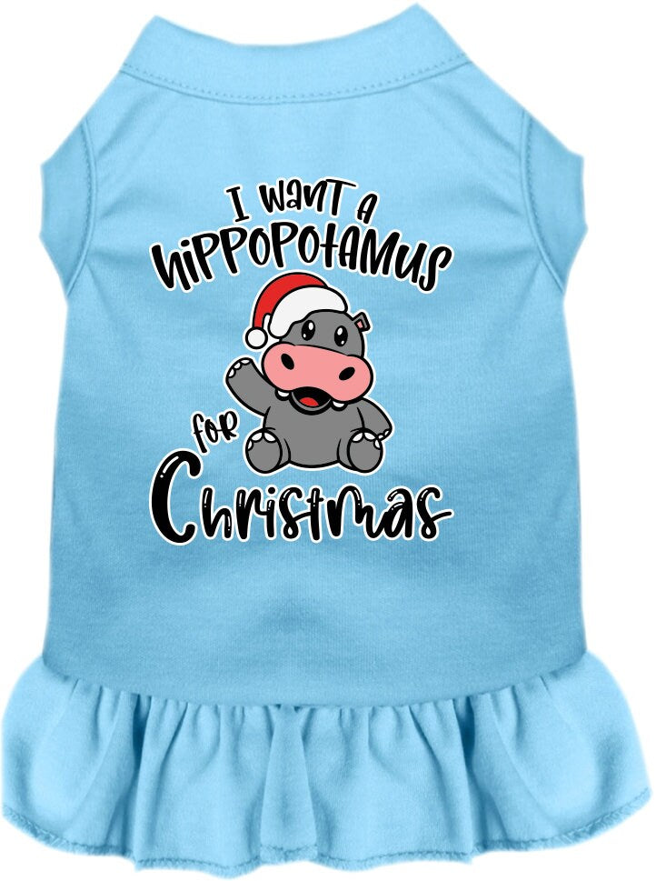 Christmas-themed dress for dogs and cats featuring 'I Want A Hippopotamus For Christmas' with ruffles and a comfy fit.