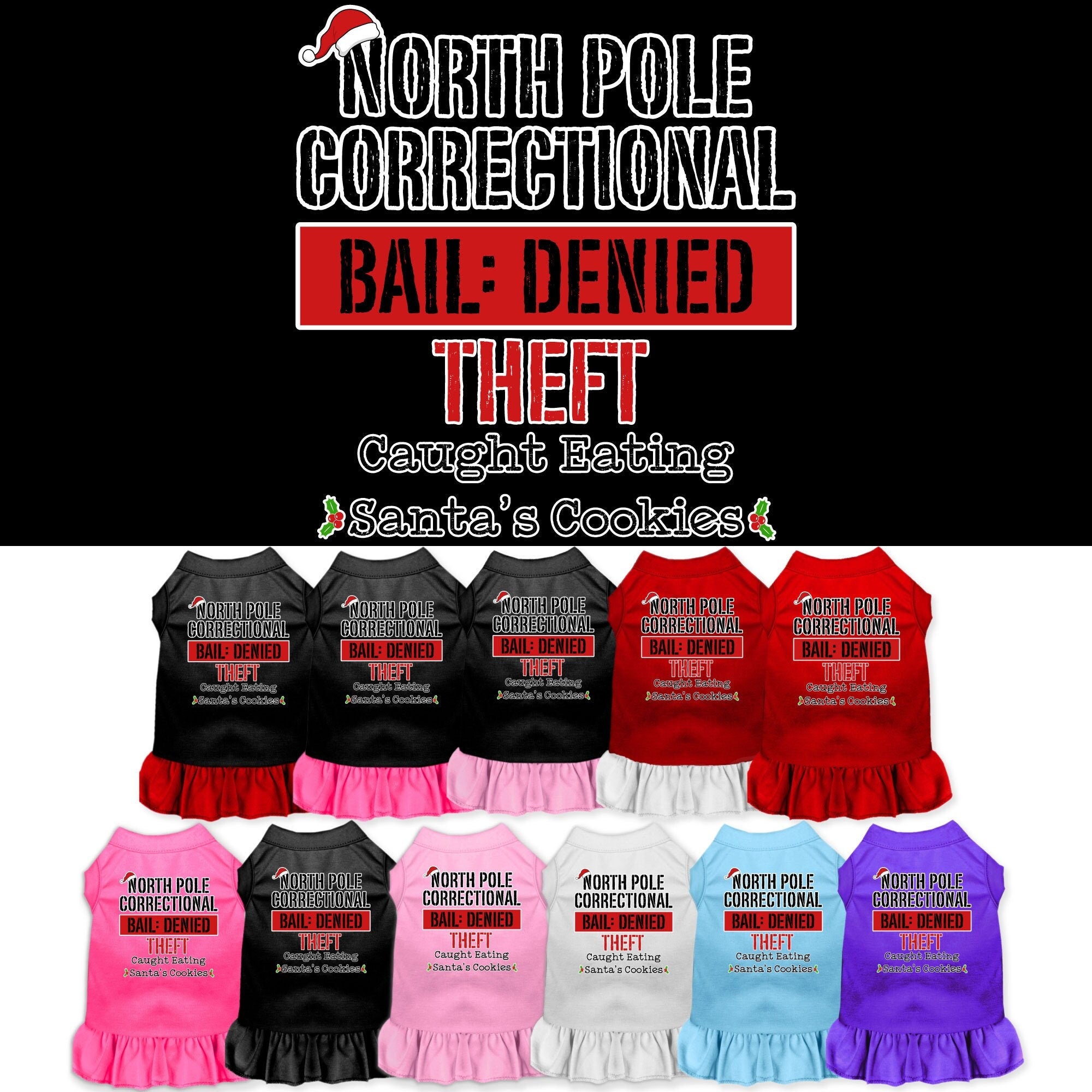 A cute Christmas dress for pets featuring a North Pole Correctional print, with a ruffled bottom and sleeveless design, suitable for dogs and cats.