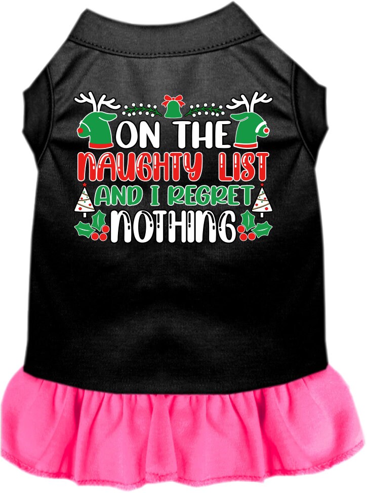 A festive Christmas dress for pets featuring the phrase 'On The Naughty List And I Regret Nothing', designed for dogs and cats with a ruffled bottom.