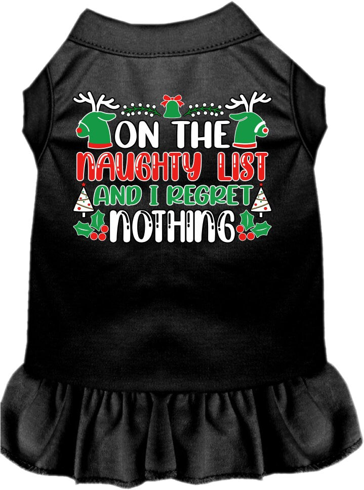 A festive Christmas dress for pets featuring the phrase 'On The Naughty List And I Regret Nothing', designed for dogs and cats with a ruffled bottom.