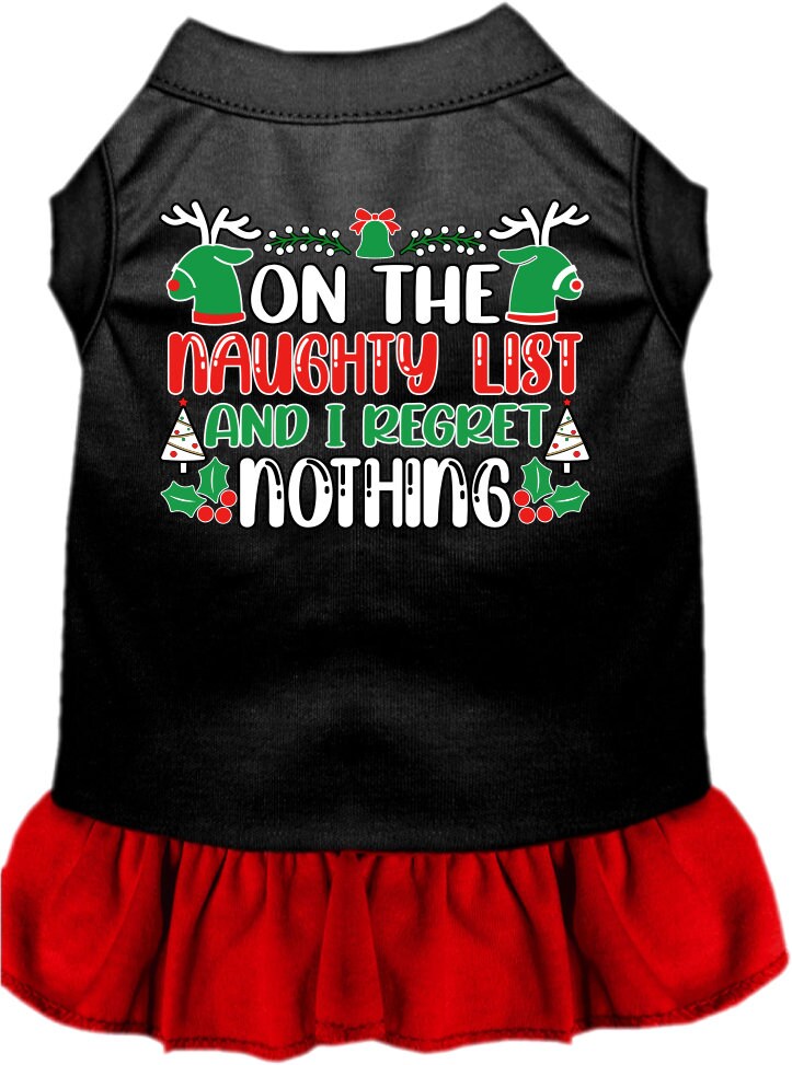A festive Christmas dress for pets featuring the phrase 'On The Naughty List And I Regret Nothing', designed for dogs and cats with a ruffled bottom.