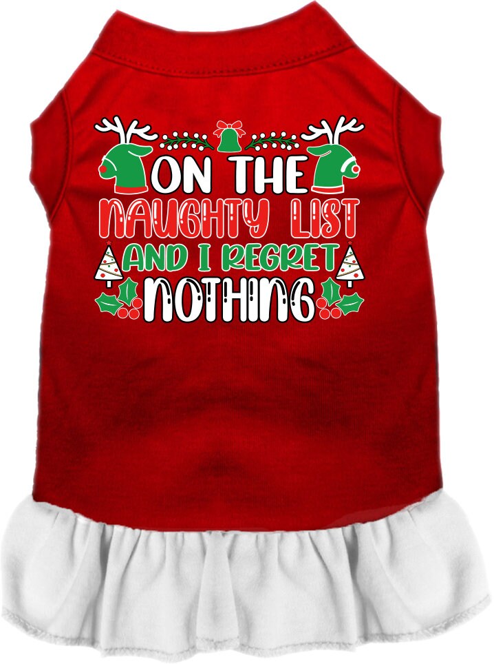 A festive Christmas dress for pets featuring the phrase 'On The Naughty List And I Regret Nothing', designed for dogs and cats with a ruffled bottom.