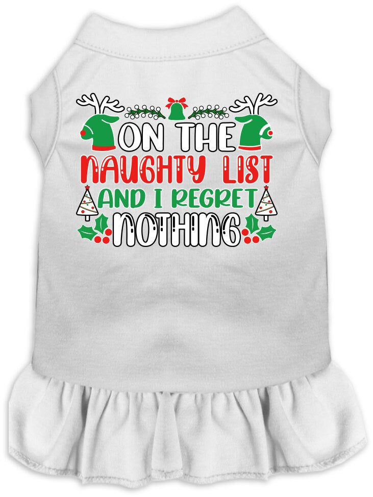 A festive Christmas dress for pets featuring the phrase 'On The Naughty List And I Regret Nothing', designed for dogs and cats with a ruffled bottom.