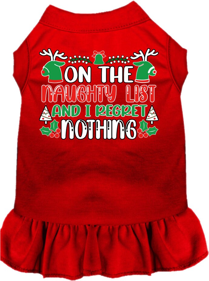 A festive Christmas dress for pets featuring the phrase 'On The Naughty List And I Regret Nothing', designed for dogs and cats with a ruffled bottom.