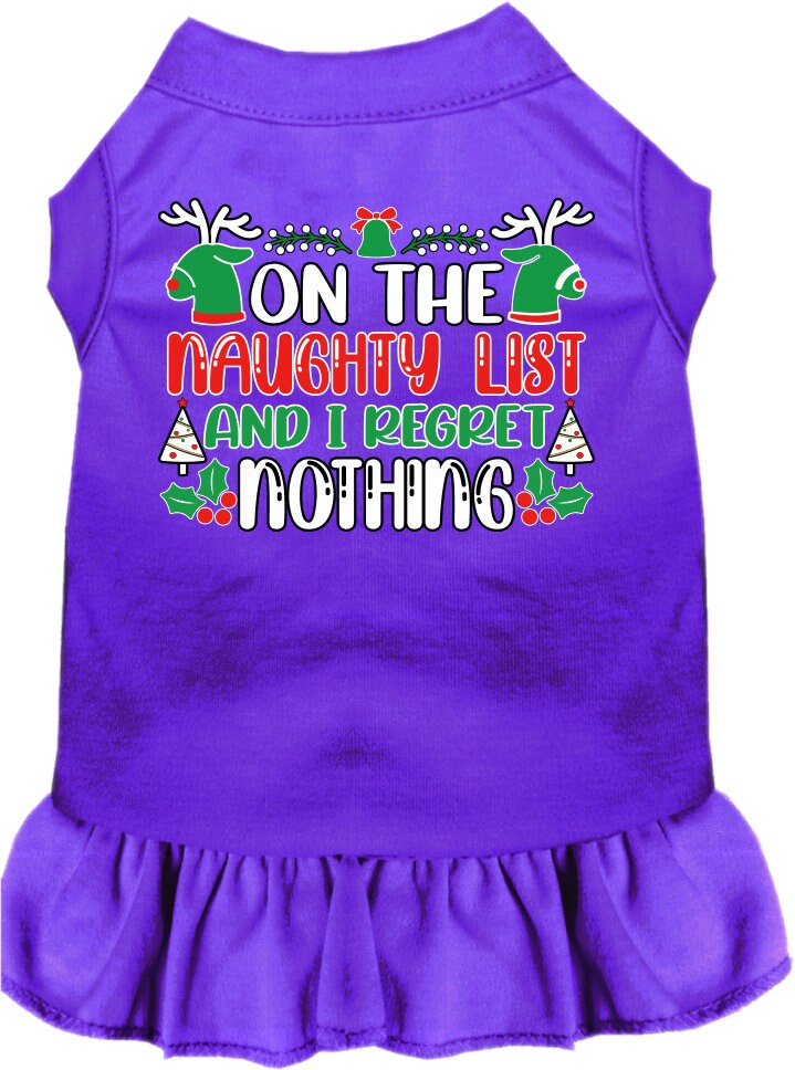 A festive Christmas dress for pets featuring the phrase 'On The Naughty List And I Regret Nothing', designed for dogs and cats with a ruffled bottom.