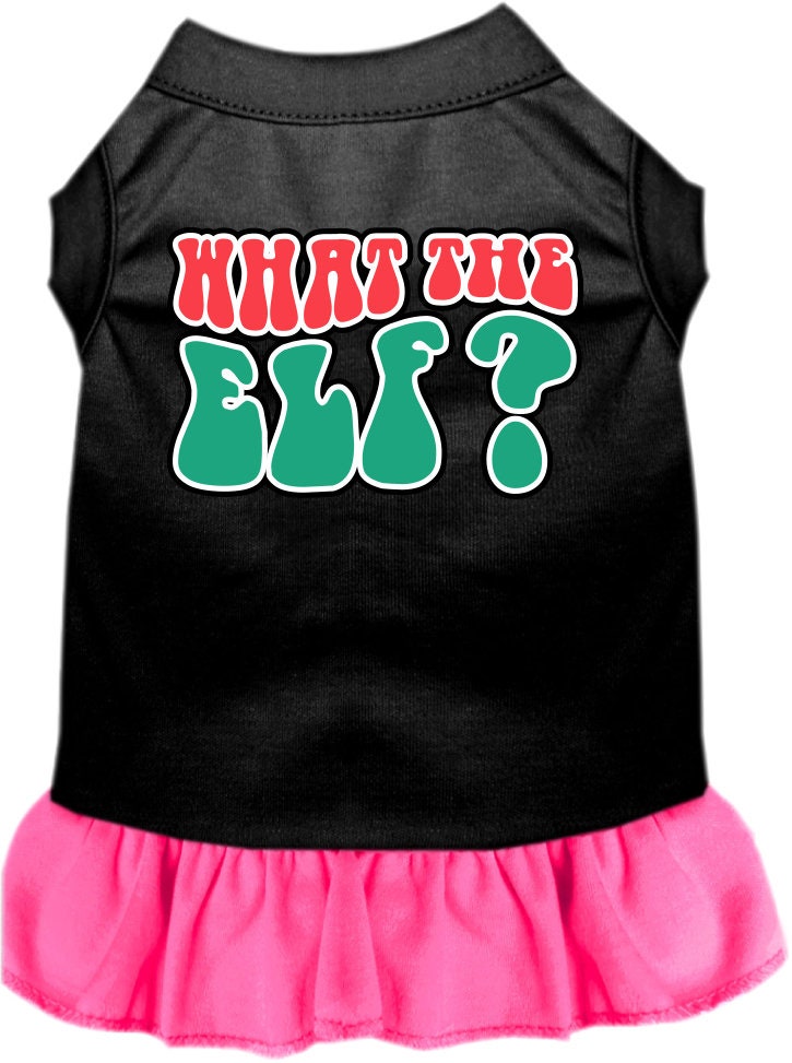 A festive Christmas dress for pets featuring the text 'What The Elf', designed with a cute ruffle and made from soft poly/cotton fabric.