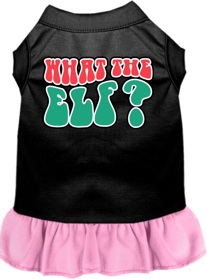 A festive Christmas dress for pets featuring the text 'What The Elf', designed with a cute ruffle and made from soft poly/cotton fabric.