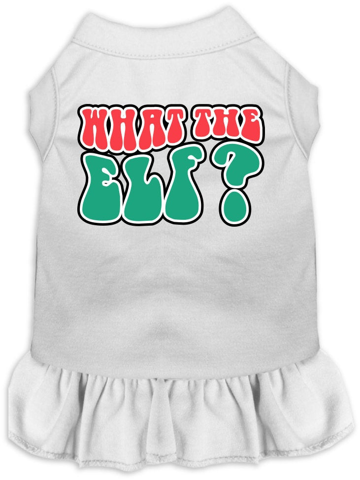 A festive Christmas dress for pets featuring the text 'What The Elf', designed with a cute ruffle and made from soft poly/cotton fabric.