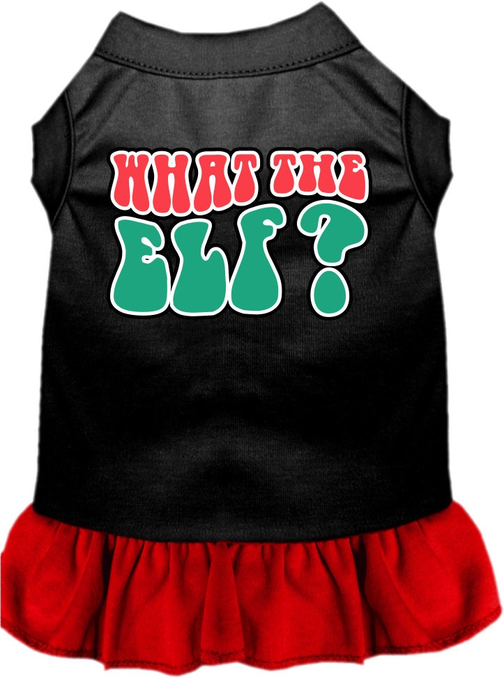 A festive Christmas dress for pets featuring the text 'What The Elf', designed with a cute ruffle and made from soft poly/cotton fabric.