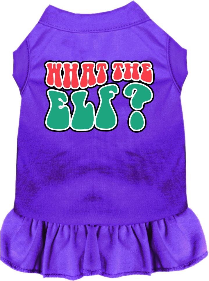 A festive Christmas dress for pets featuring the text 'What The Elf', designed with a cute ruffle and made from soft poly/cotton fabric.