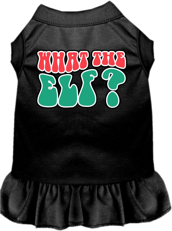 A festive Christmas dress for pets featuring the text 'What The Elf', designed with a cute ruffle and made from soft poly/cotton fabric.