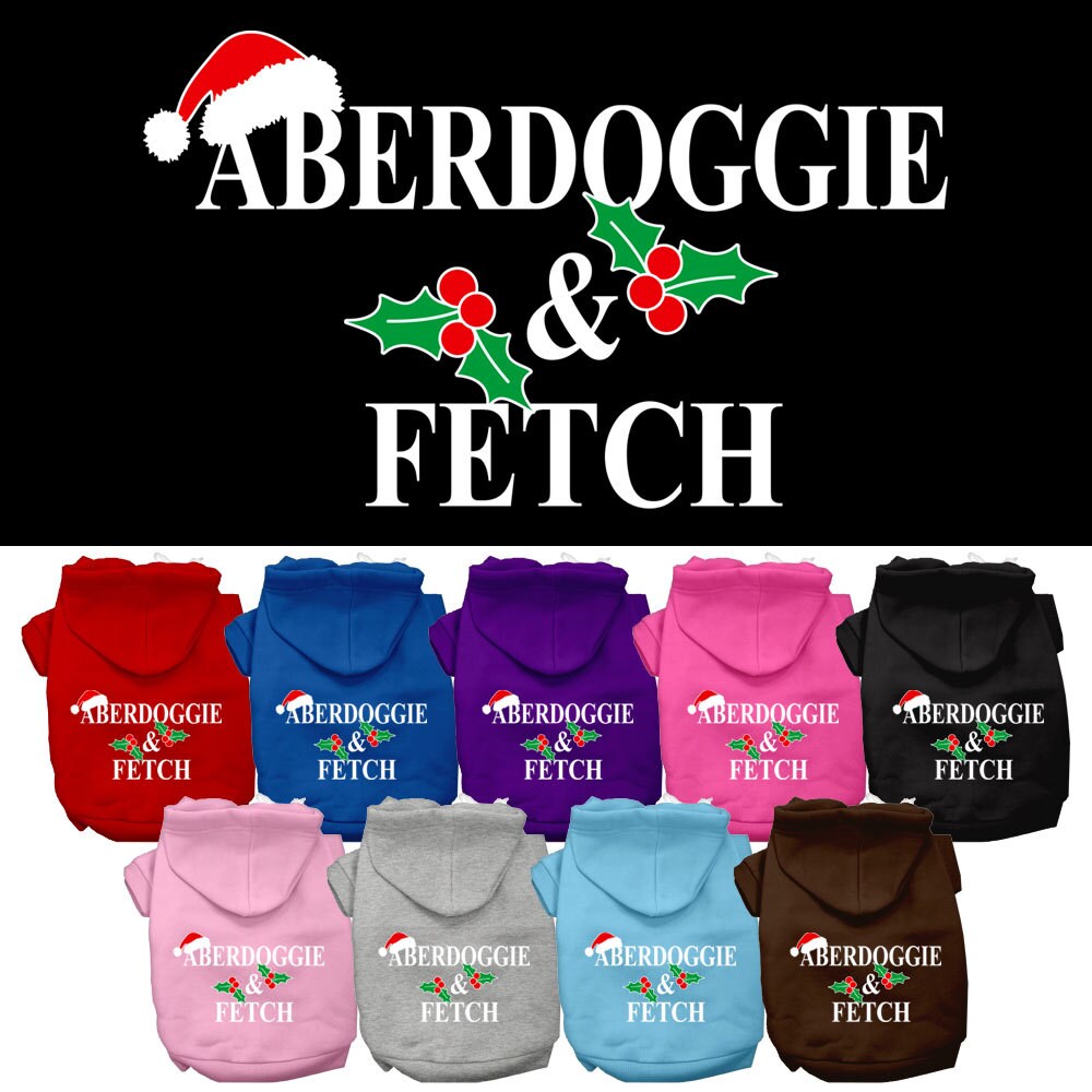 Christmas pet hoodie for dogs and cats, featuring Aberdoggie & Fetch design, soft and warm fabric, perfect for winter wear.