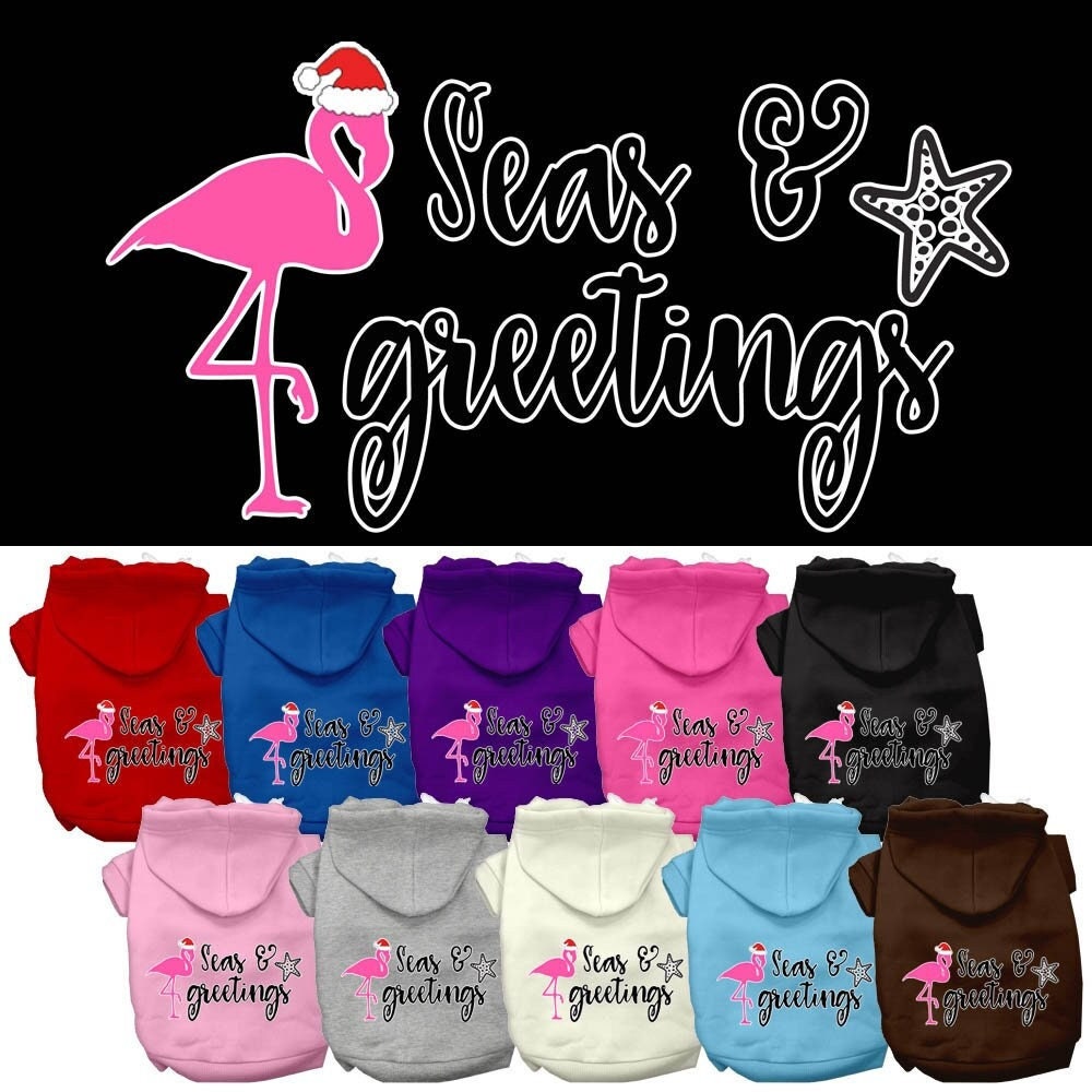Christmas pet hoodie for dogs and cats, featuring 'Seas & Greetings' design, soft fabric, and convenient leash access.