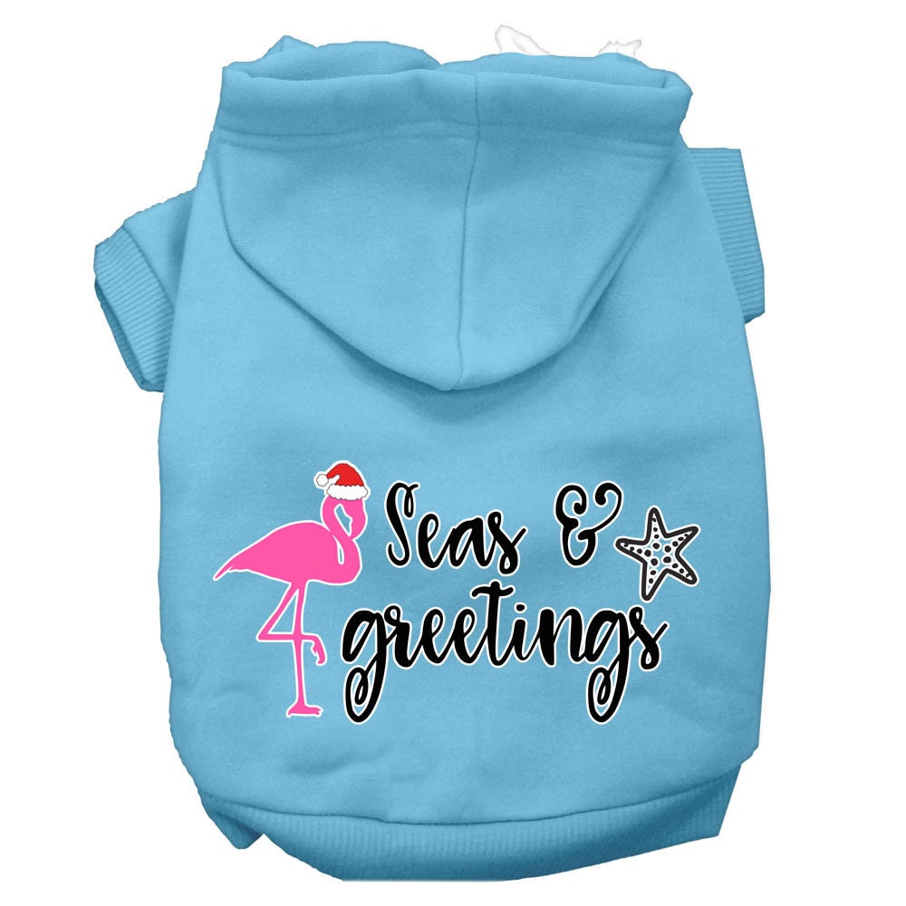 Christmas pet hoodie for dogs and cats, featuring 'Seas & Greetings' design, soft fabric, and convenient leash access.