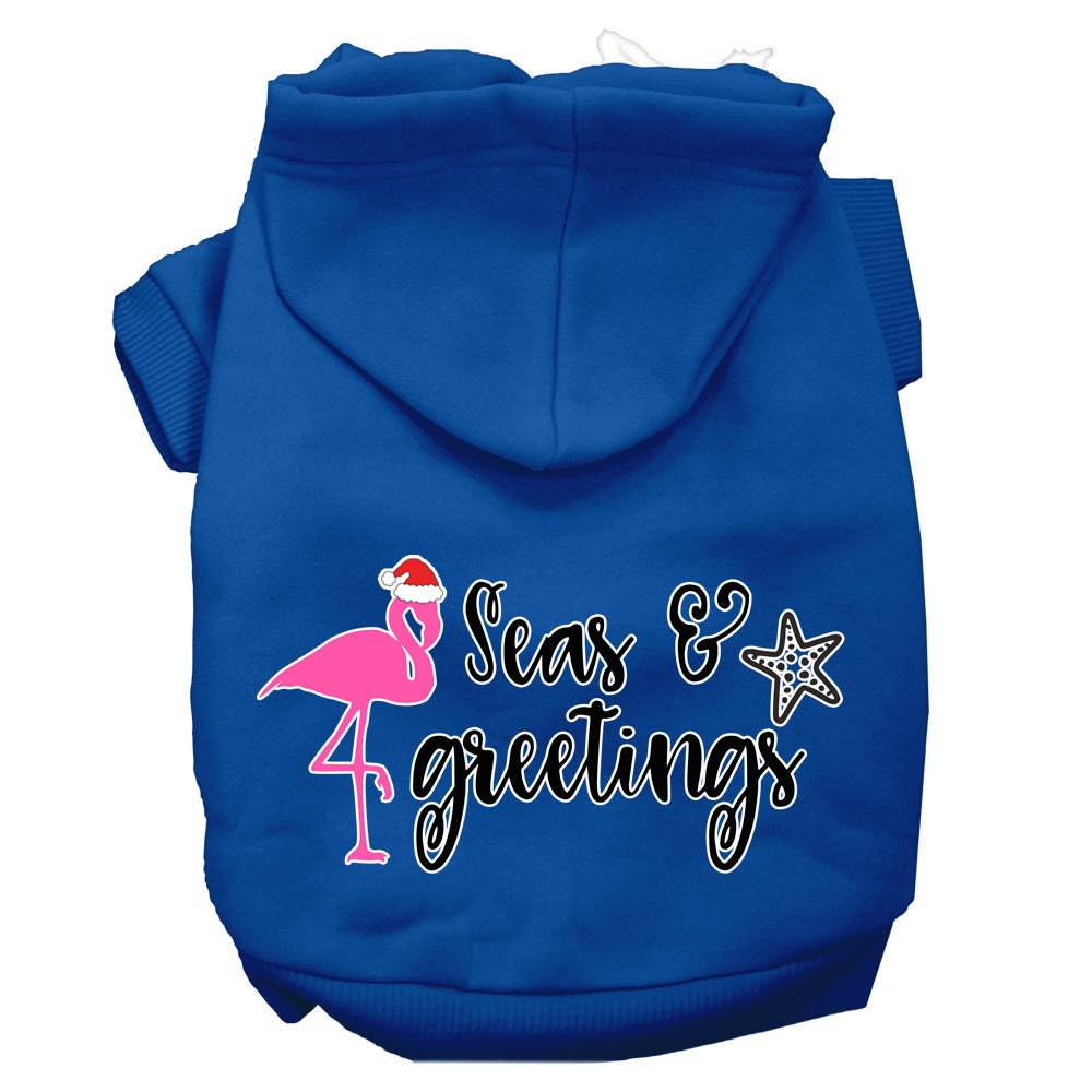 Christmas pet hoodie for dogs and cats, featuring 'Seas & Greetings' design, soft fabric, and convenient leash access.