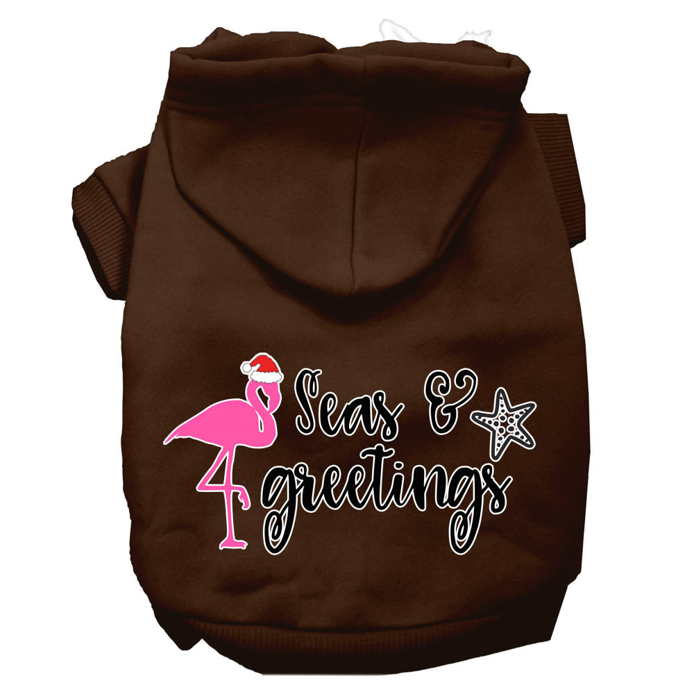Christmas pet hoodie for dogs and cats, featuring 'Seas & Greetings' design, soft fabric, and convenient leash access.