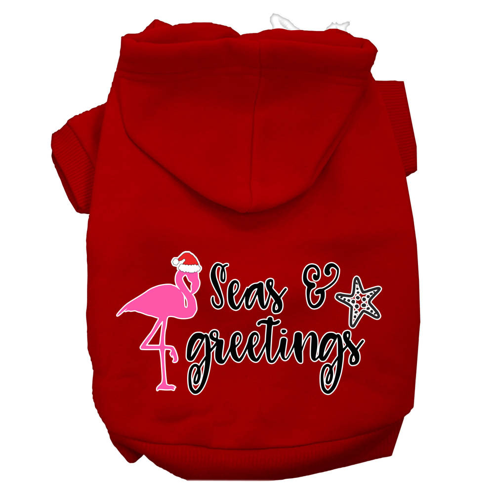 Christmas pet hoodie for dogs and cats, featuring 'Seas & Greetings' design, soft fabric, and convenient leash access.