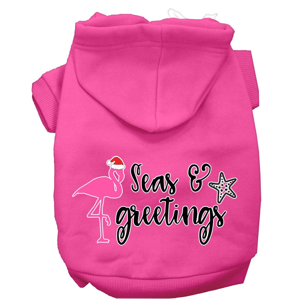 Christmas pet hoodie for dogs and cats, featuring 'Seas & Greetings' design, soft fabric, and convenient leash access.