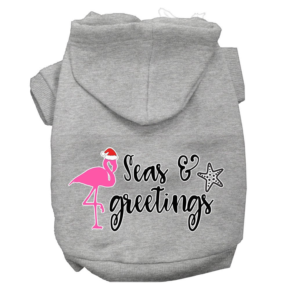 Christmas pet hoodie for dogs and cats, featuring 'Seas & Greetings' design, soft fabric, and convenient leash access.