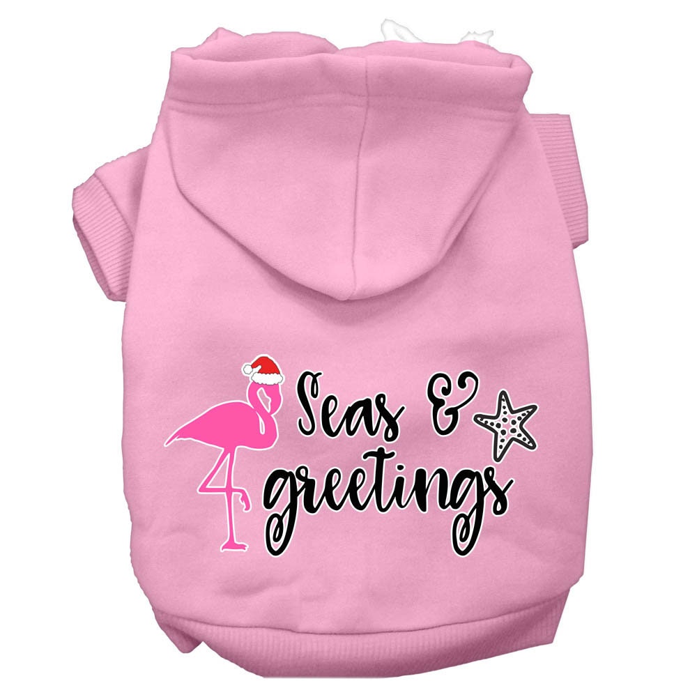Christmas pet hoodie for dogs and cats, featuring 'Seas & Greetings' design, soft fabric, and convenient leash access.