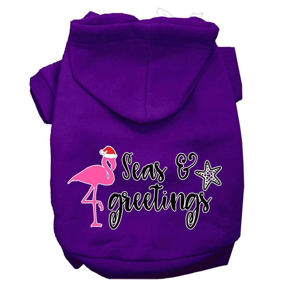 Christmas pet hoodie for dogs and cats, featuring 'Seas & Greetings' design, soft fabric, and convenient leash access.