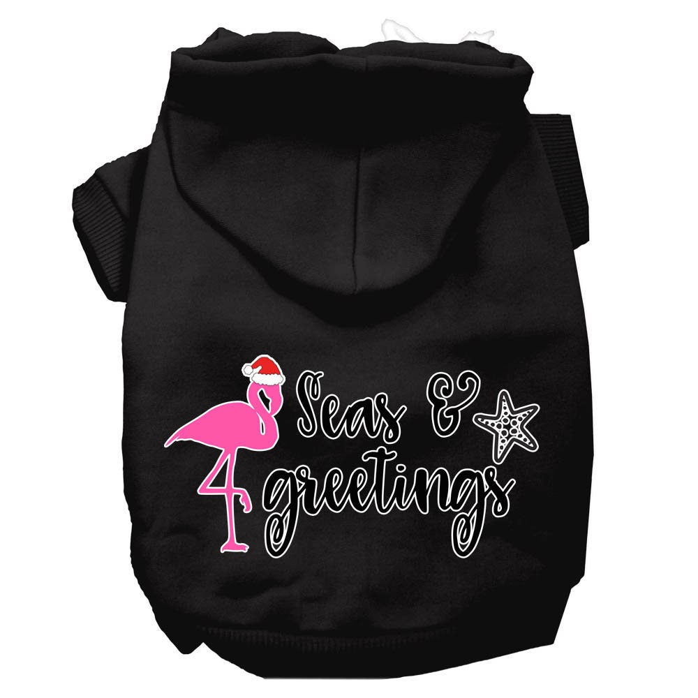 Christmas pet hoodie for dogs and cats, featuring 'Seas & Greetings' design, soft fabric, and convenient leash access.