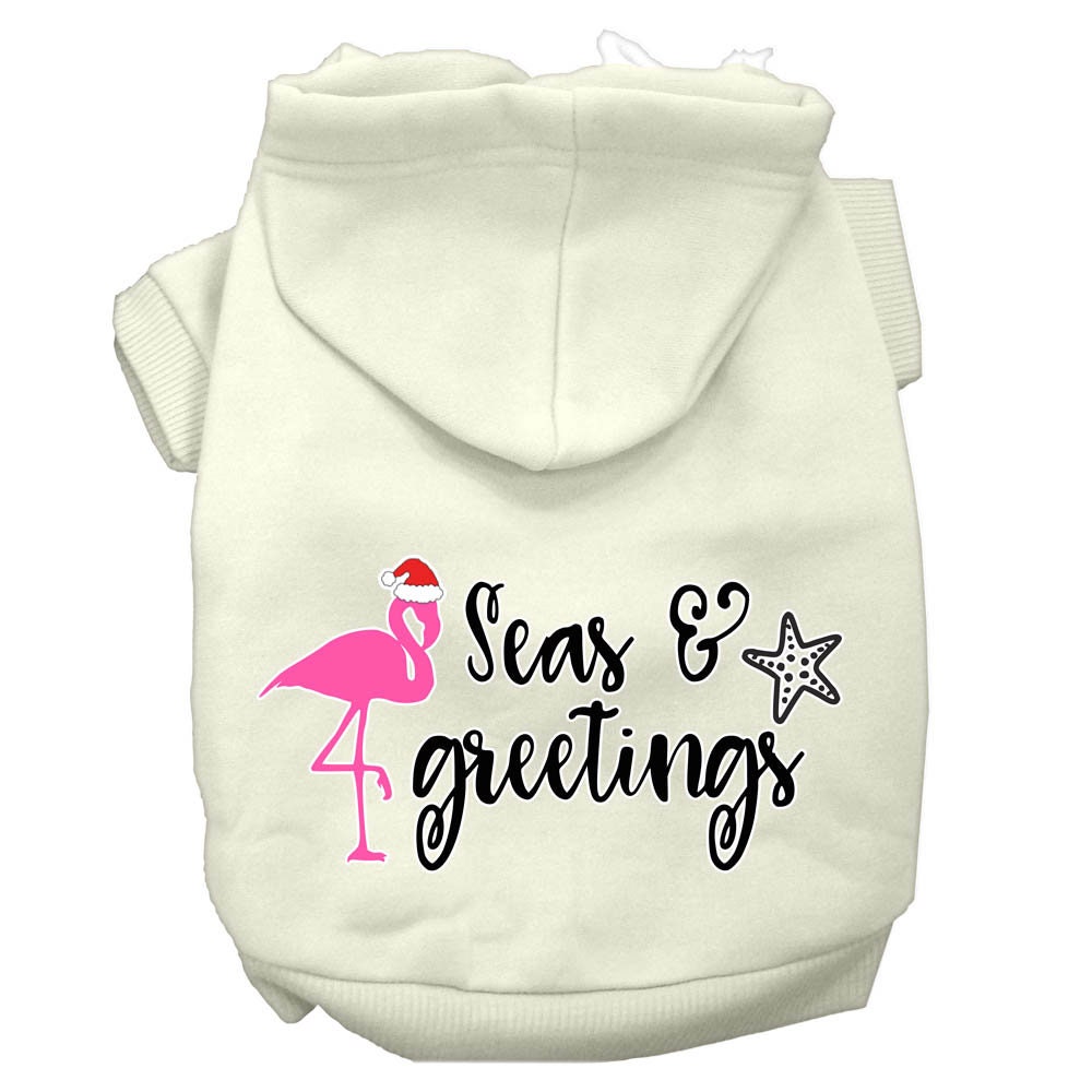 Christmas pet hoodie for dogs and cats, featuring 'Seas & Greetings' design, soft fabric, and convenient leash access.