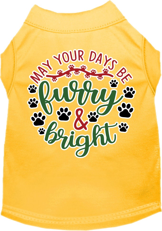 A festive Christmas shirt for dogs and cats, featuring the slogan 'Furry & Bright', made from soft cotton-polyester blend.
